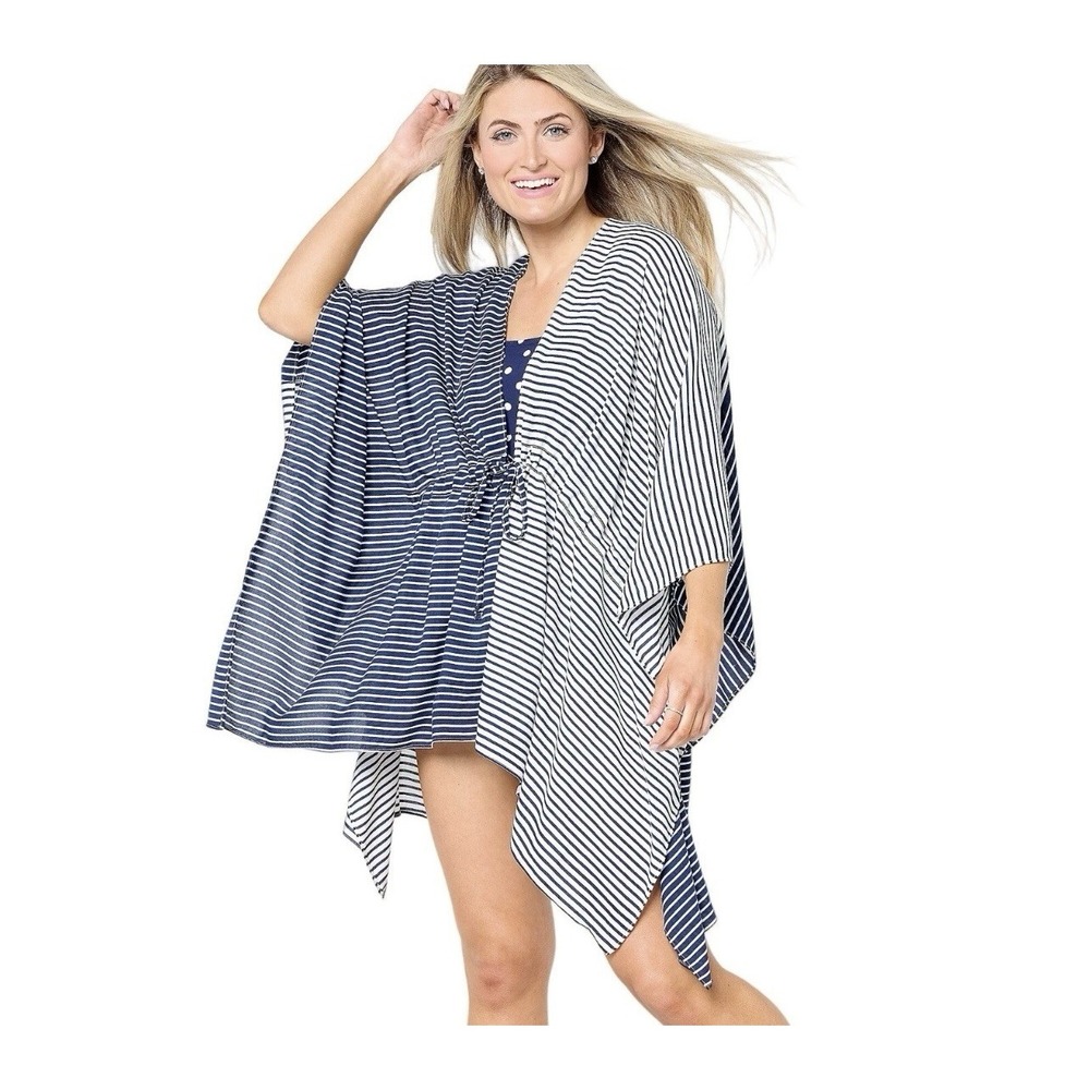 Lands End Tie Waist Kimono One Size Ivory Stripes A569079 NWOT
